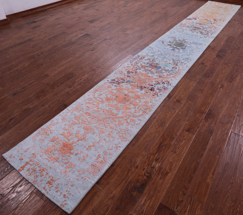 2' 6" X 18' 0" Wool and Silk Modern Hand Knotted Runner Rug Q11841