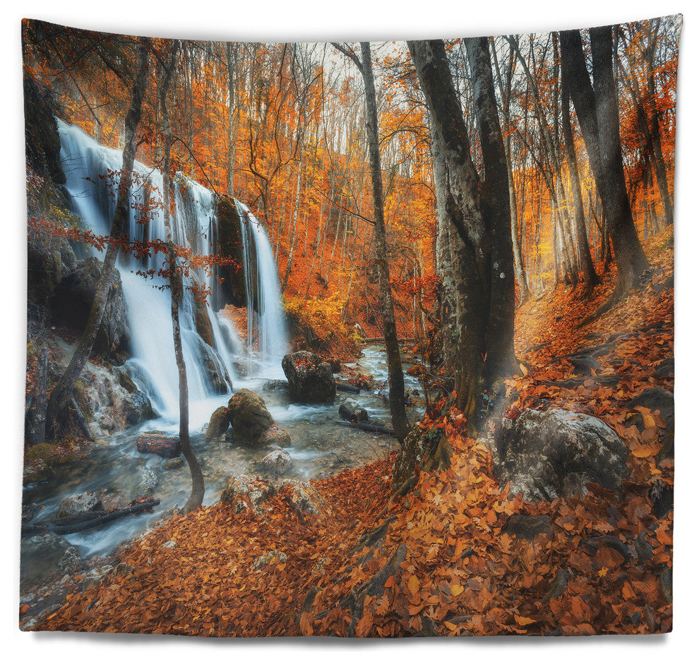 Autumn Mountain Waterfall Close View Landscape Wall Tapestry, 92"x78"
