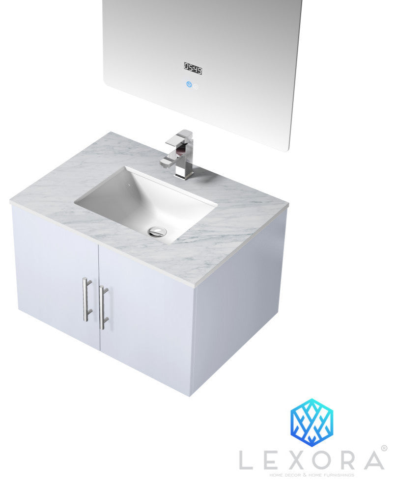 Geneva Transitional Glossy White 30" Single Vanity with 30" Led Mirror