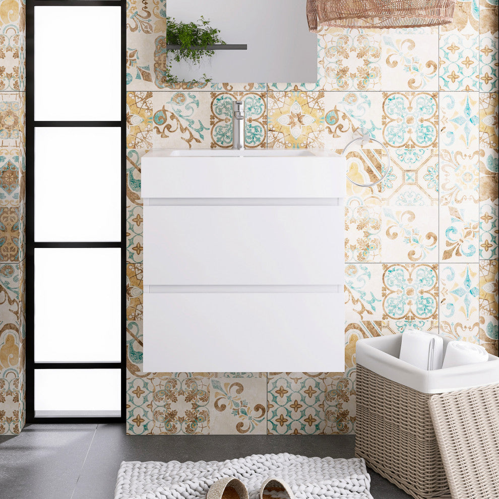 Wood Wall-Mounted Bathroom Vanity Set with Integrated Resin Sink, White, 24"