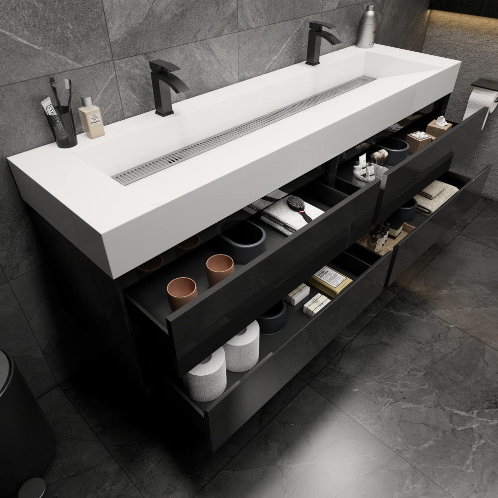 MAX 72" Double Floating Bath Vanity With Acrylic Sink, Gloss Black