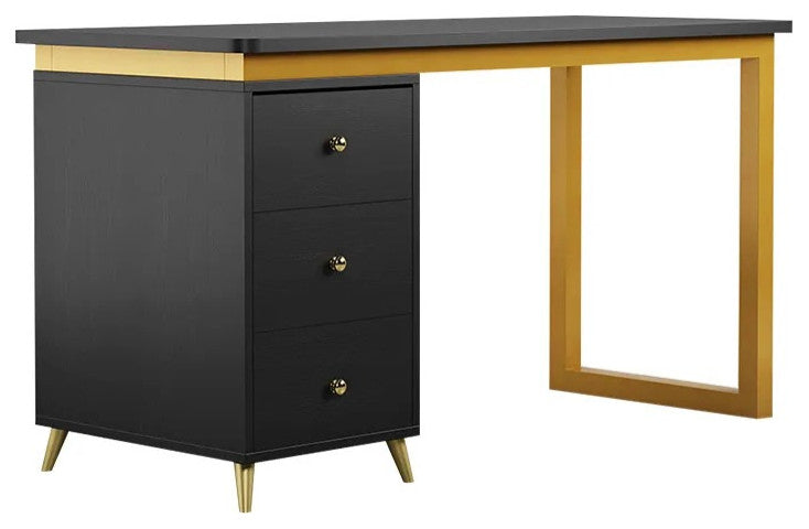 Modern 55" Black Wooden Home Office Writing Desk with Drawers in Gold