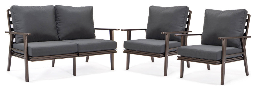 LeisureMod Walbrooke 3-Piece Patio Set With Brown Aluminum Frame and Cushions, Charcoal
