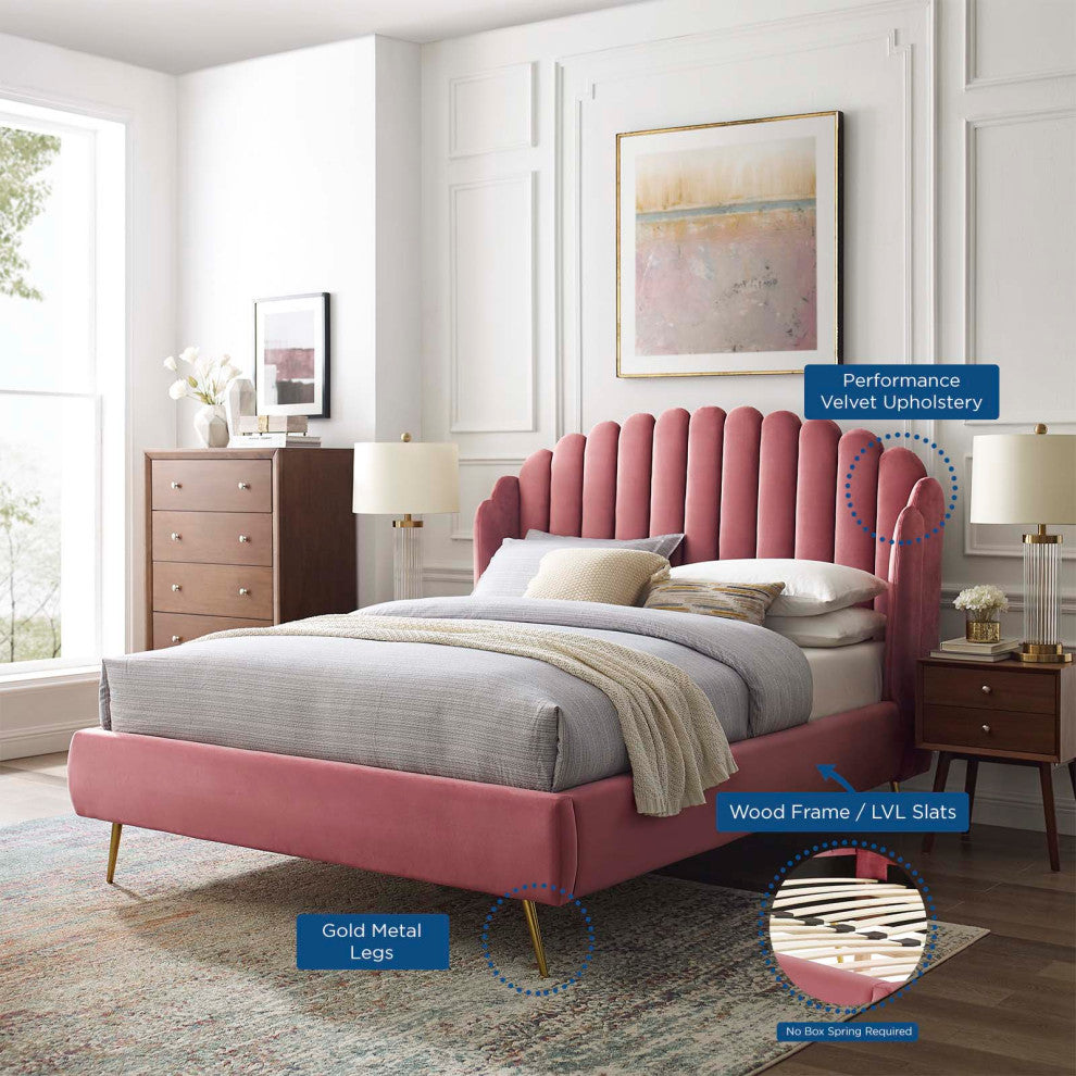 Platform Bed Frame, Queen Size, Velvet, Pink, Modern Contemporary, Bedroom