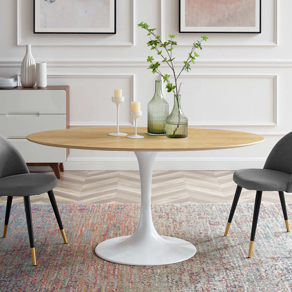 60" Dining Table, Oval, Natural Brown White, Metal, Modern, Hospitality