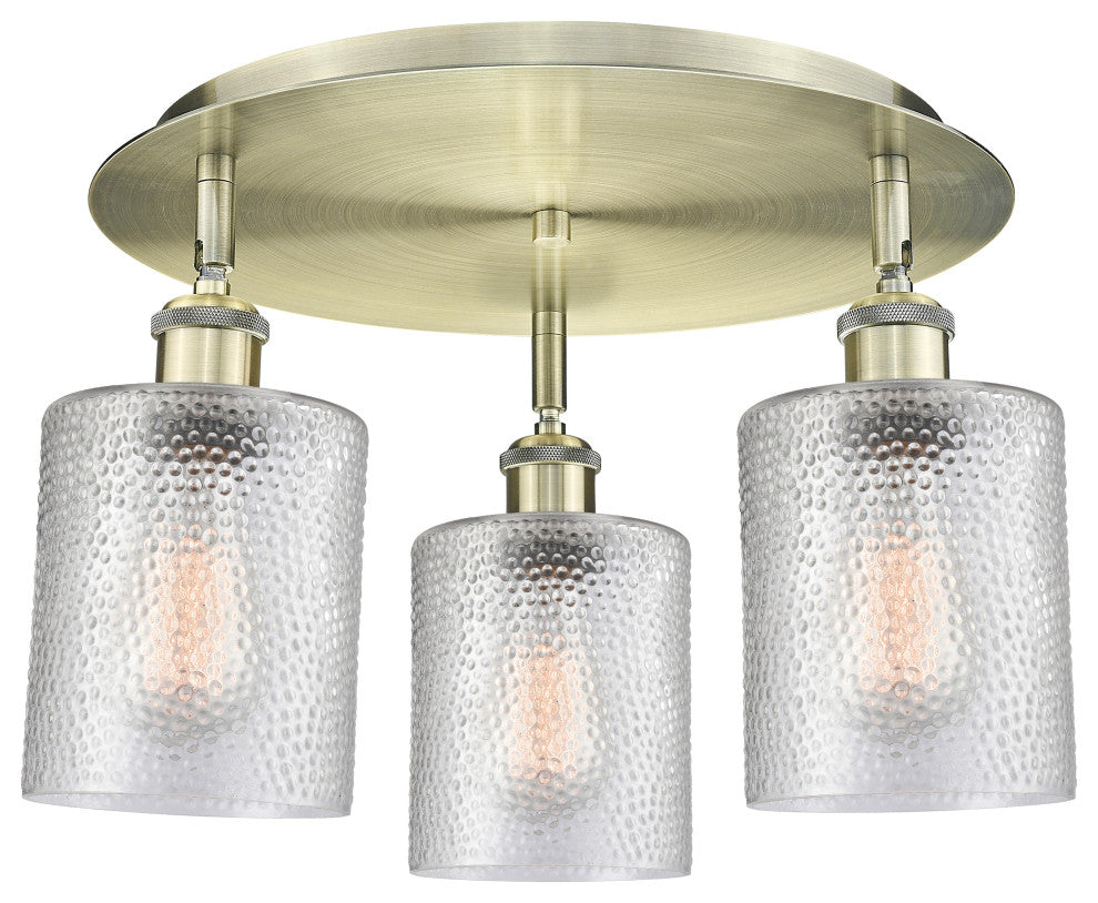 Cobbleskill-3 Light 17" Flush Mount-Antique Brass, Clear Glass Shade