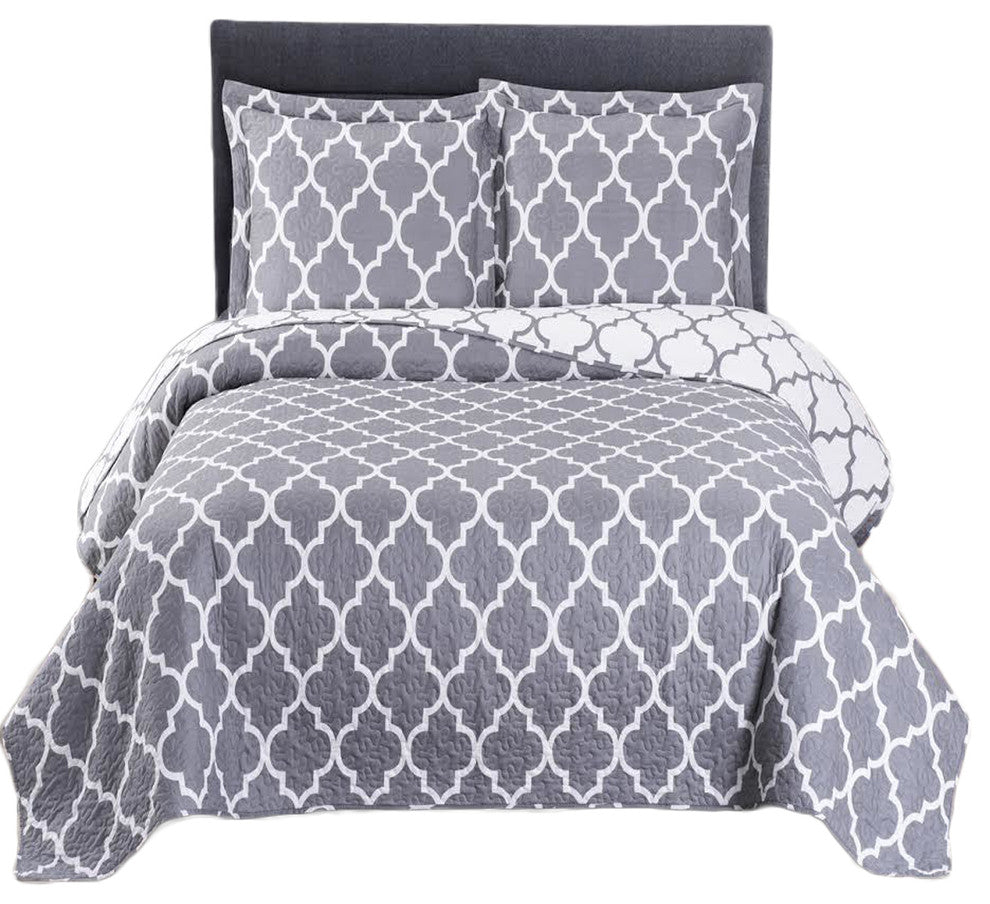 Meridian Oversized Reversible Printed Coverlet Set, Gray and White, Twin/Twin XL