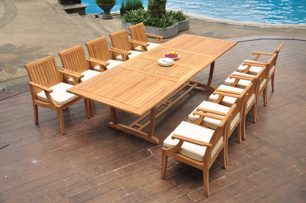 11-Piece Outdoor Teak Dining Set: 117" Masc Rectangle Table, 10 Lagos Arm Chairs