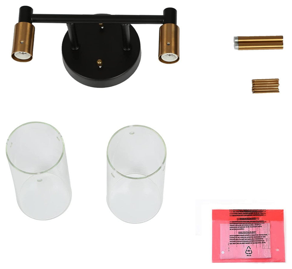 2-Light Farmhouse Wall Lights Black and Gold Wall Sconce With Glass Shade