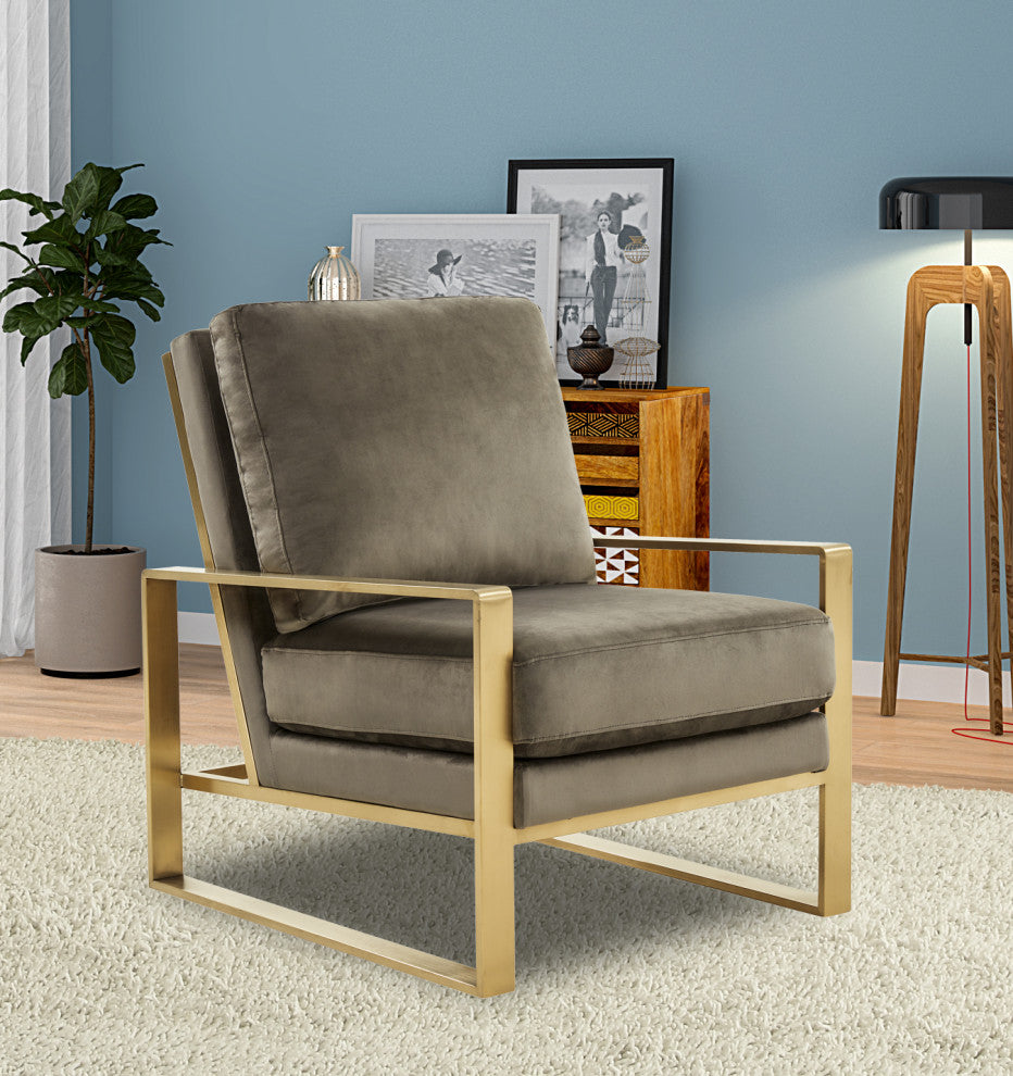 LeisureMod Jefferson Velvet Accent Armchair With Gold Frame, Dark Grey