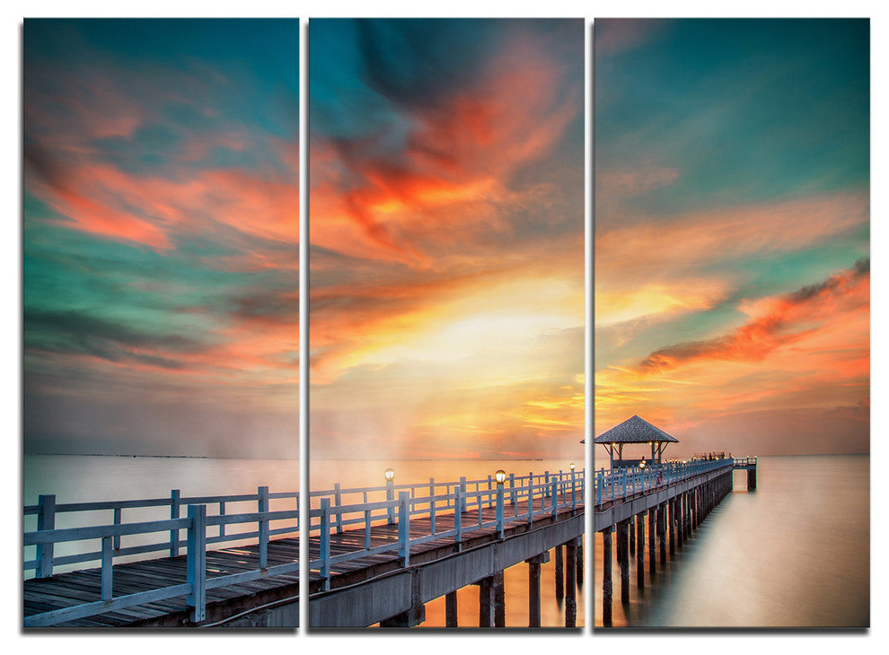 "Fascinating Sky and Wooden Bridge" Sea Pier Metal Wall Art, 3 Panels, 36"x28"