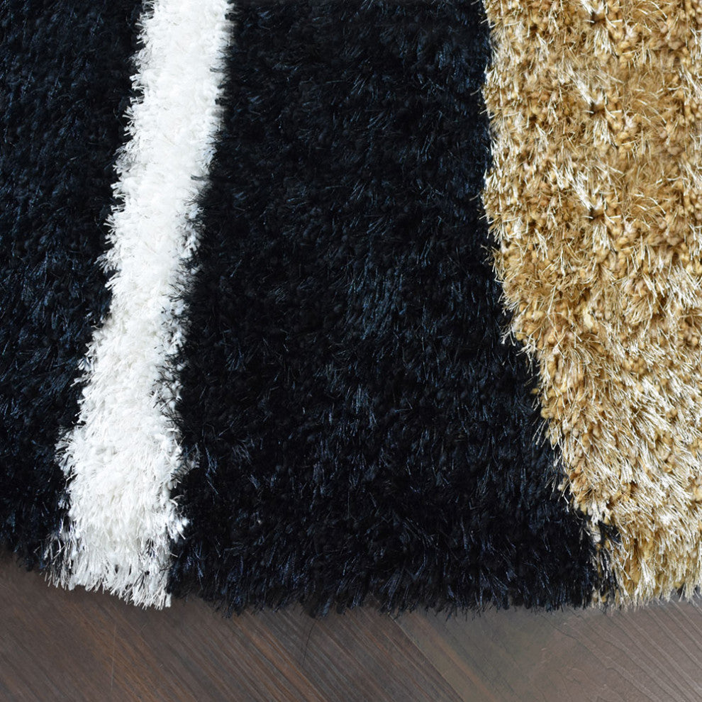 Hand Tufted Shag Polyester Area Rug Geometric Black, [Round] 6'x6'
