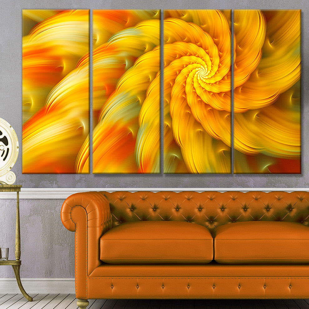 Rotating Yellow Fractal Flower, Floral Canvas Art Print, 48"x28", 4 Panels