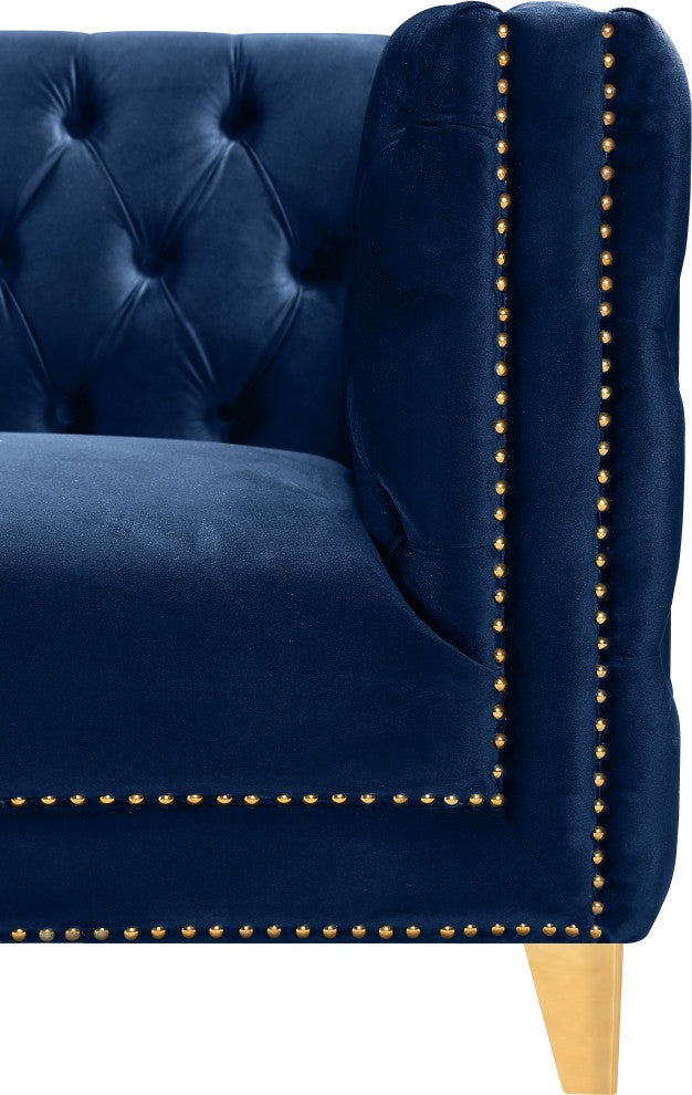 Michelle Fabric Upholstered Chair, Gold Iron Legs, Navy, Velvet, Loveseat