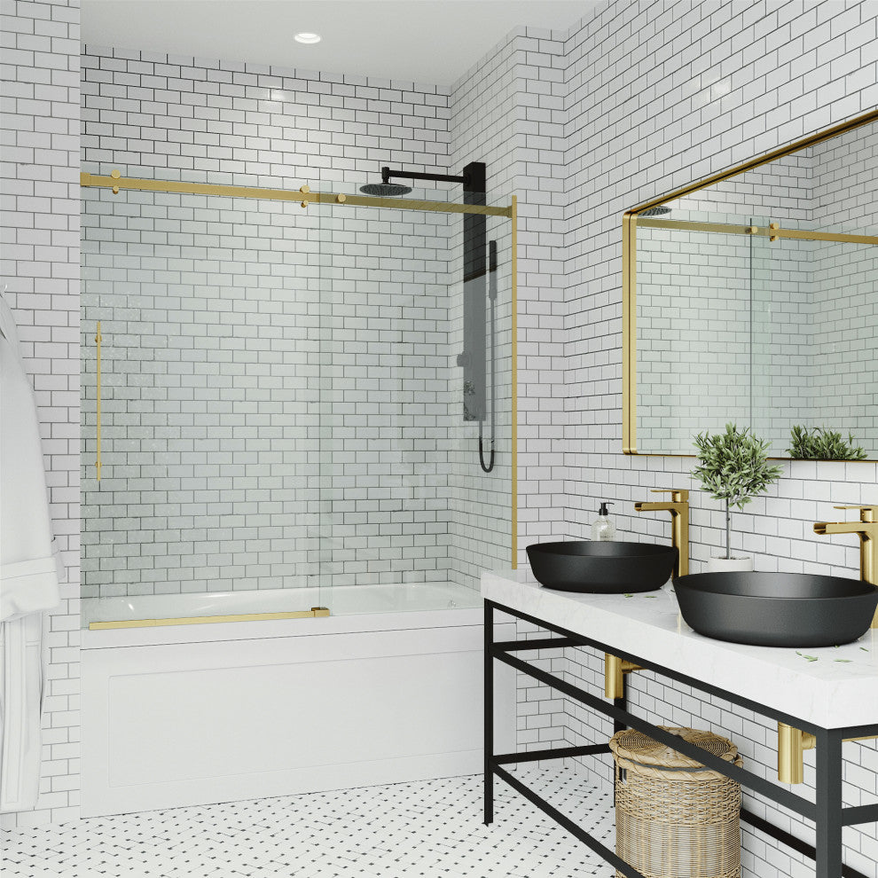 VIGO Luca 56" to 60" W x 58" H Frameless Sliding Tub Door, Matte Brushed Gold, Clear Glass