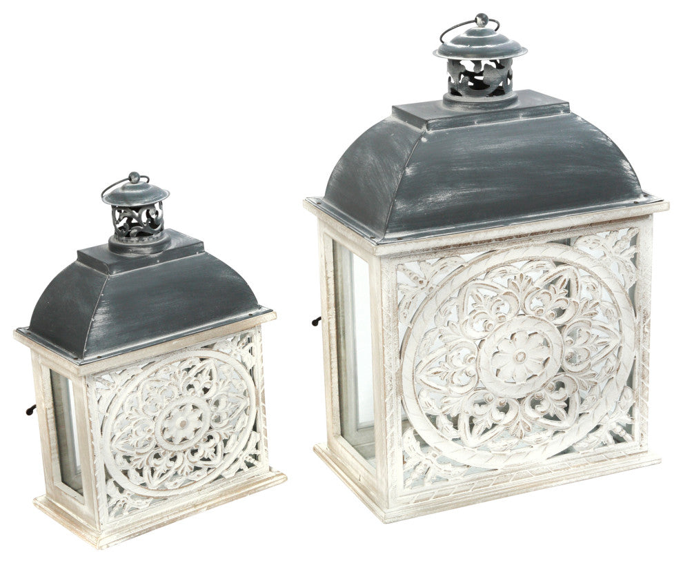 Set of 2 Metal and Wood Nesting Lanterns With Floral Cut-out