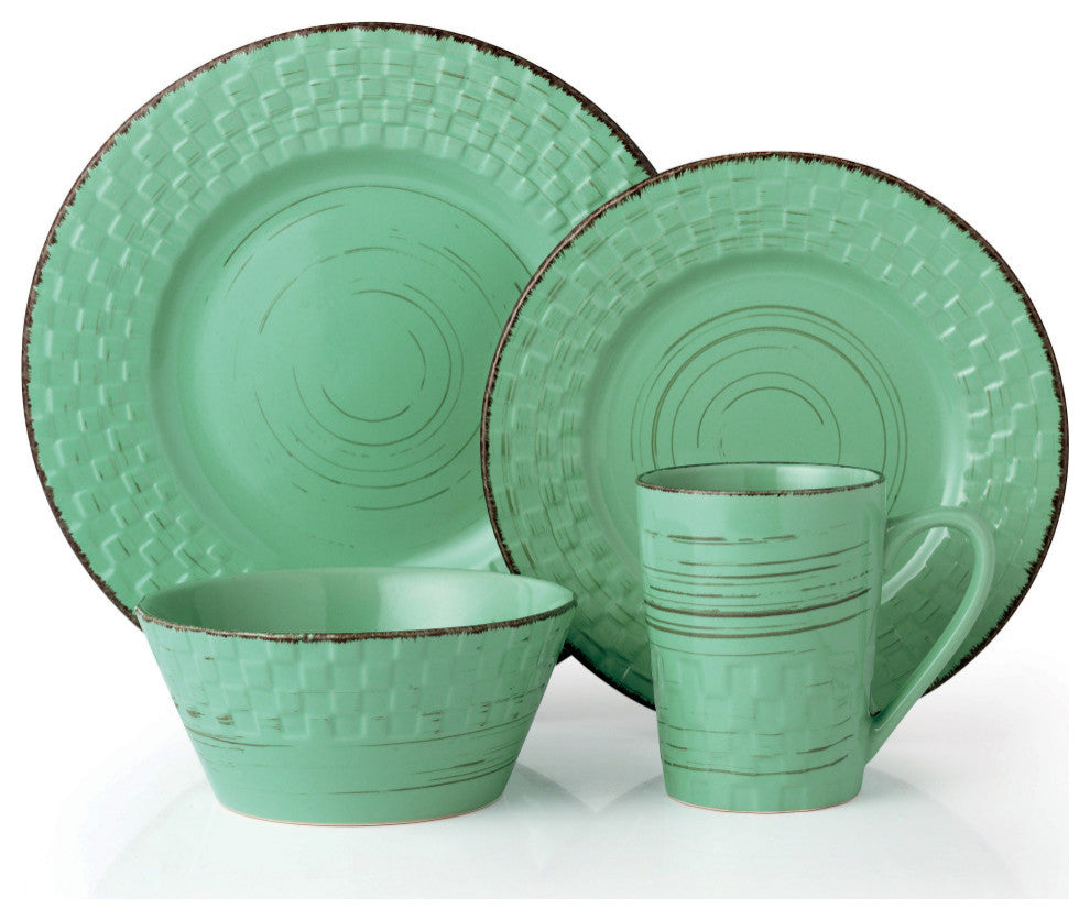 Basketweave 16 Piece Stoneware Dinner Set, Service for 4, Green
