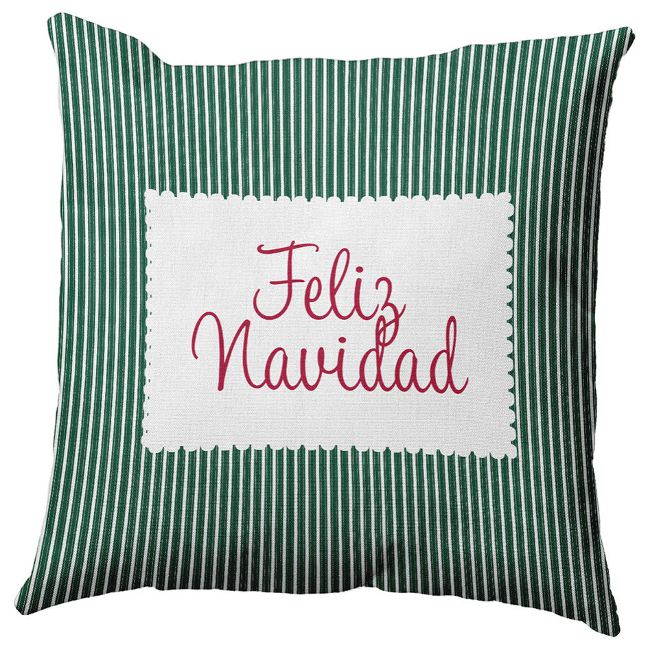 Feliz Navidad Ticking Accent Pillow, Forest Green, 20"x20"