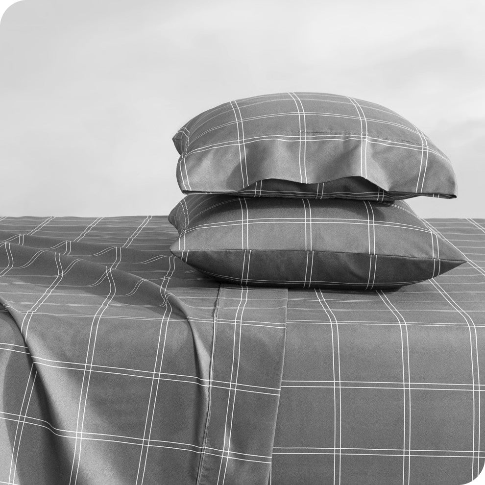 1800 Microfiber Printed Sheet Set, Modern Plaid - Gray/White, Split King