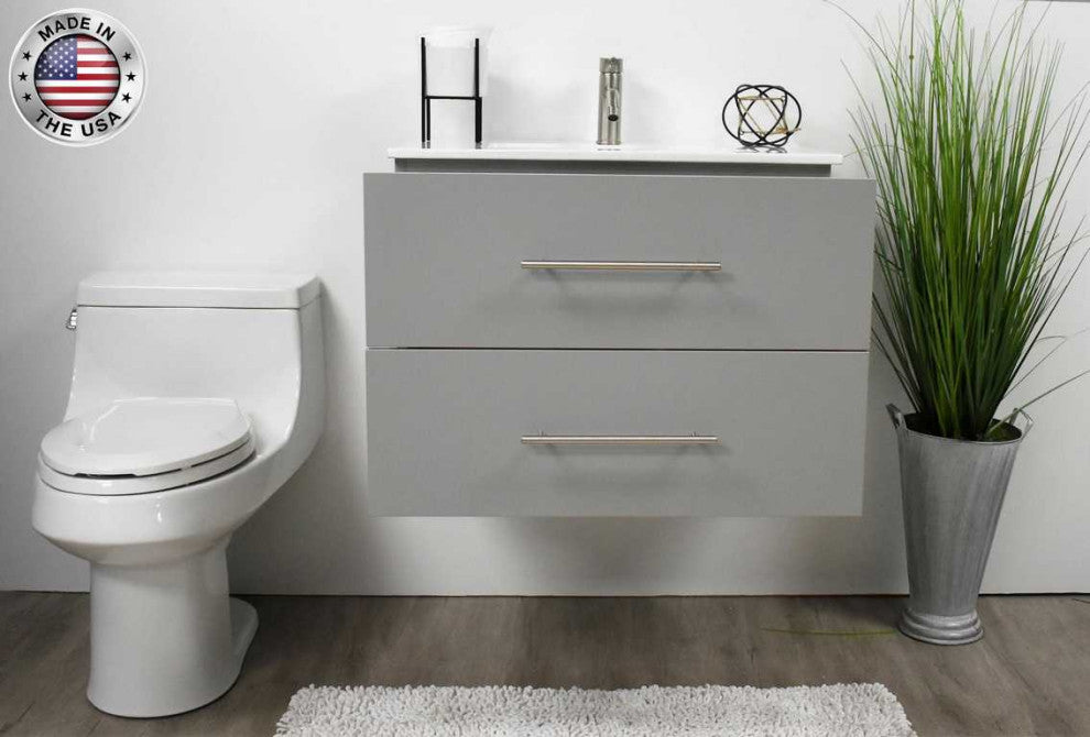 Napa 30" Modern Floating Bathroom Vanity With Ceramic Top and Round Handles, Gray