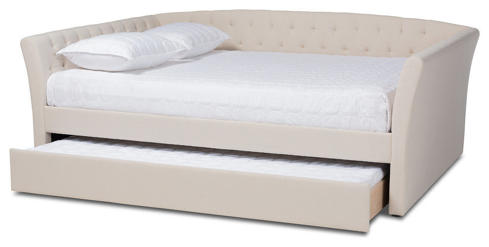 Qintal Fabric Upholstered Queen Size Daybed With Roll-Out Trundle Bed, Beige