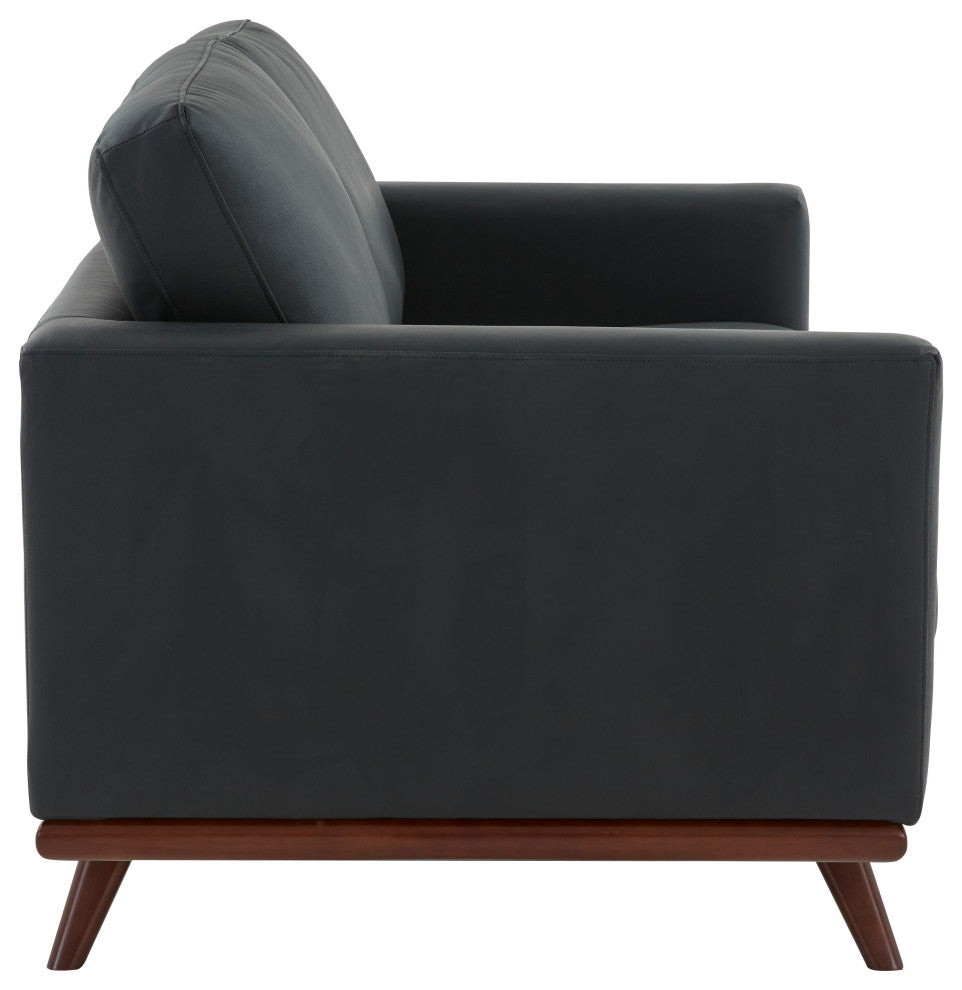 LeisureMod Chester Modern Leather Loveseat With Birch Wood Base, Black