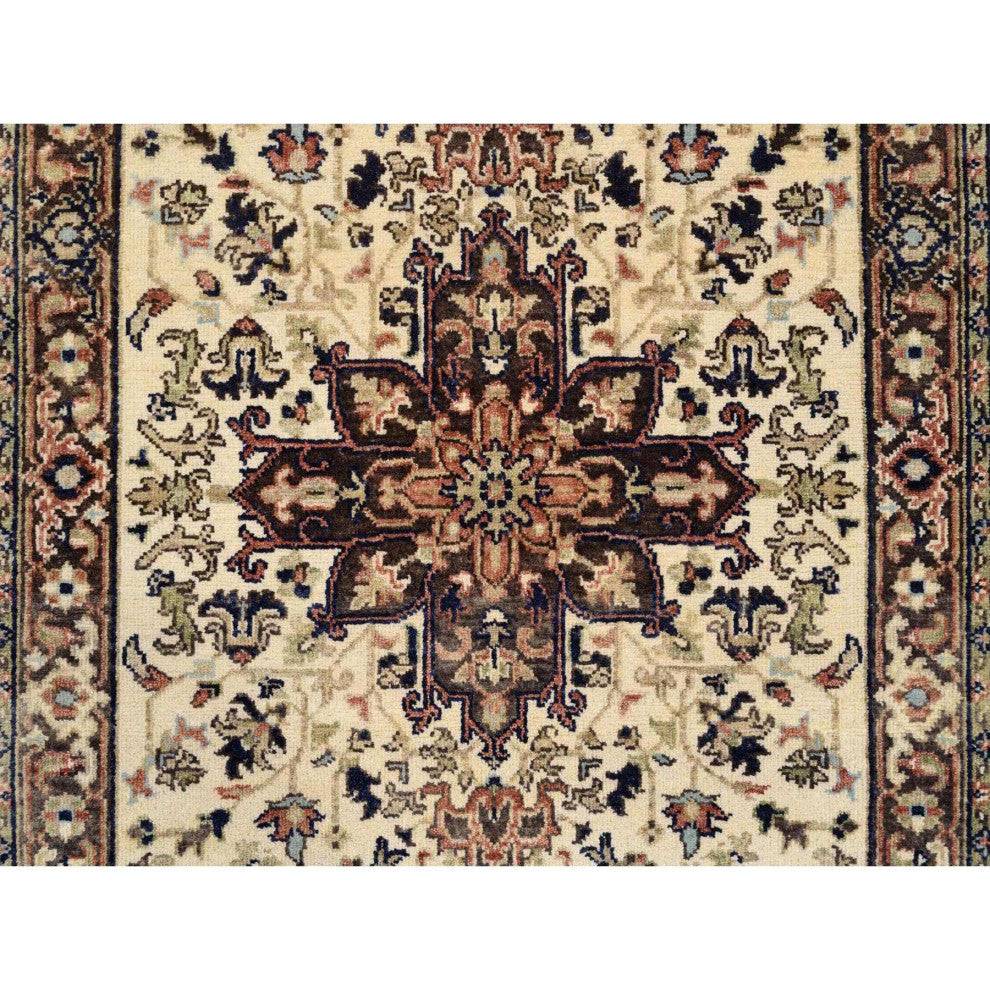 Beige Antiqued Heriz Re-Creation Soft Wool Hand Knotted Runner Rug, 2'7" x 10'3"