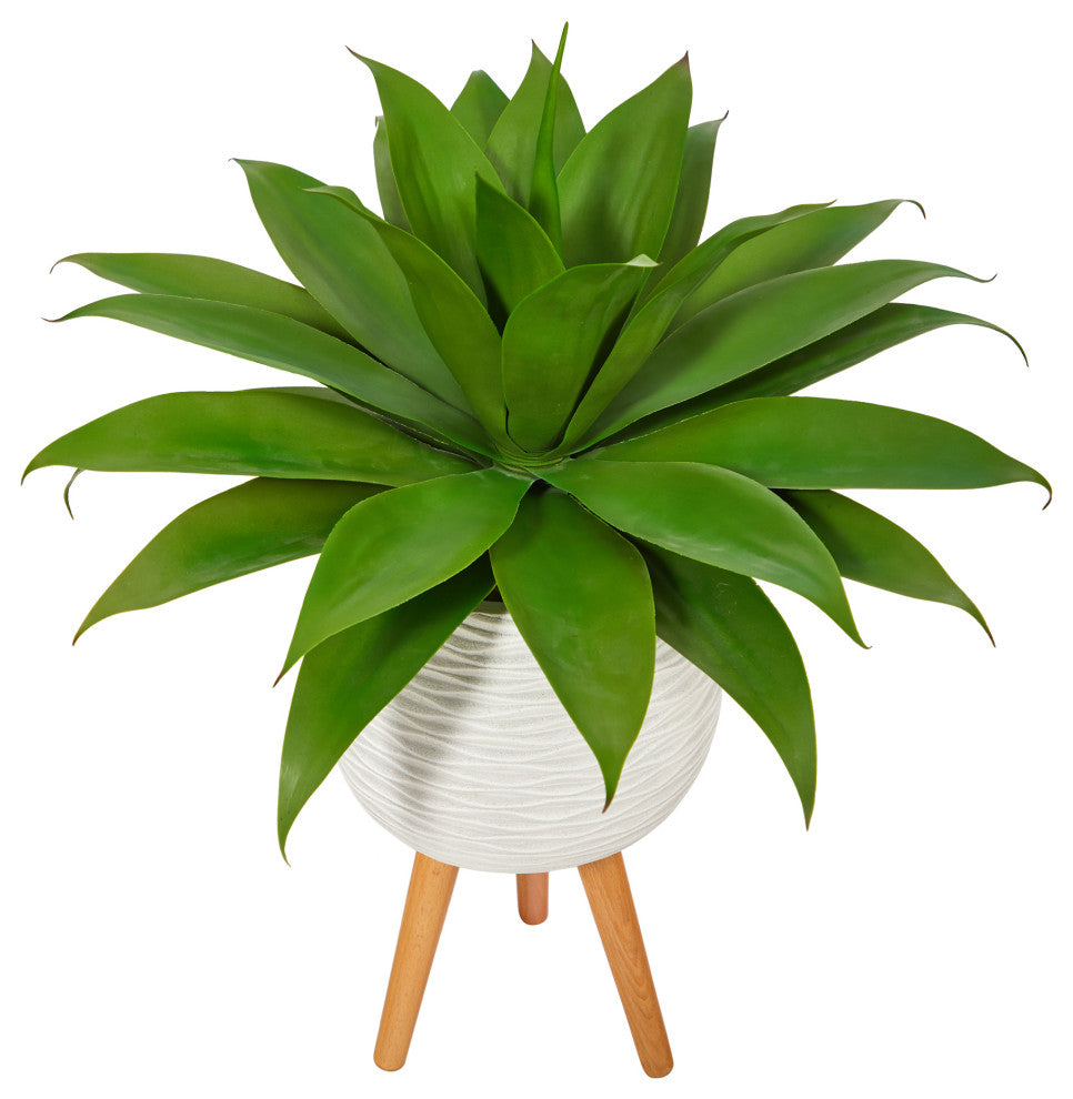 33" Agave Succulent Artificial Plant, White Planter With Stand