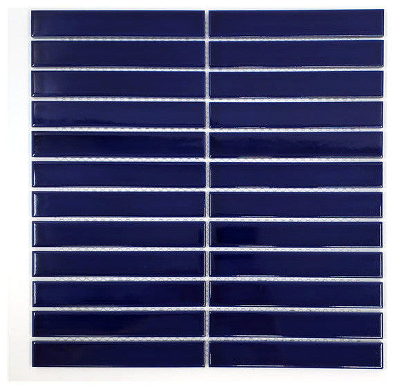Gio Cobalt Blue Glossy 1" X 6" Stacked Linear Porcelain Mosaic Tile, 55 Sheets