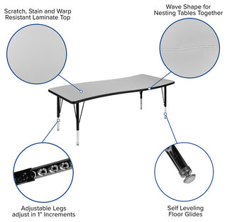 3 Piece 86" Oval Wave Activity Table Set - Height Adj. Short Legs, Grey