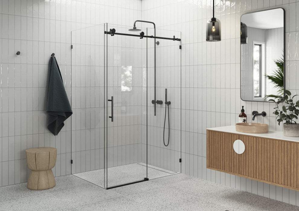48"-52"x32"x78" Frameless Sliding Shower Door With Return Panel, Matte Black