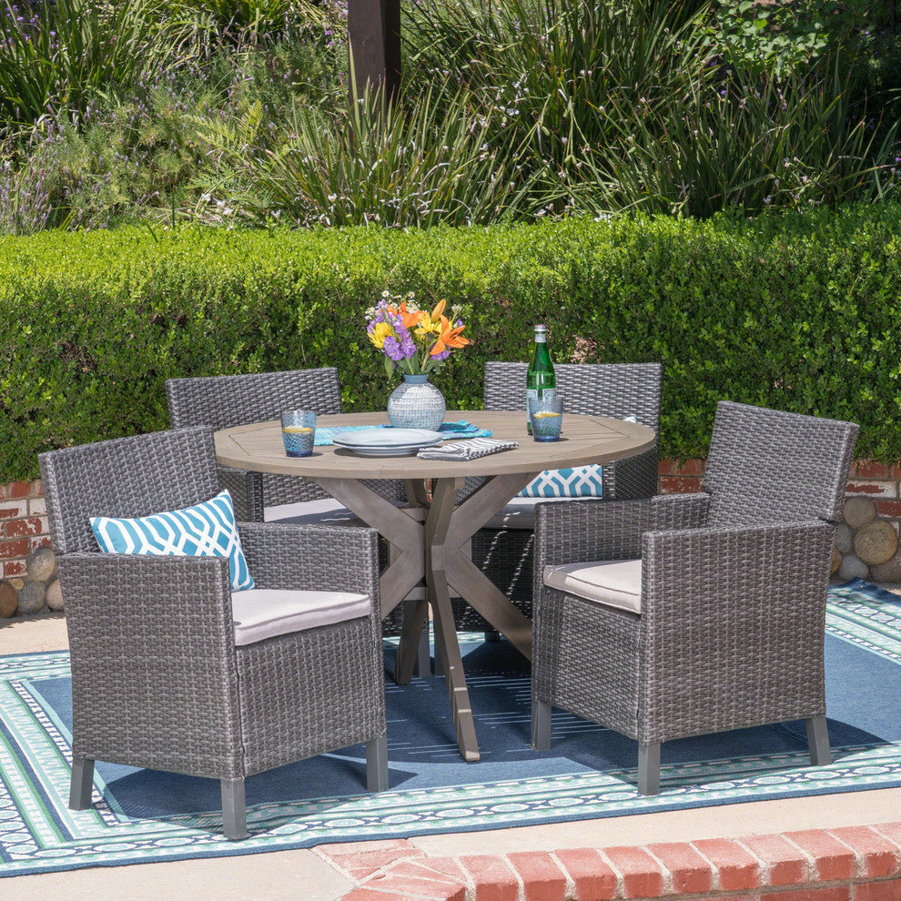GDF Studio 5-Piece Kirby Outdoor Wood and Wicker Dining Set, Gray Finish/Gray