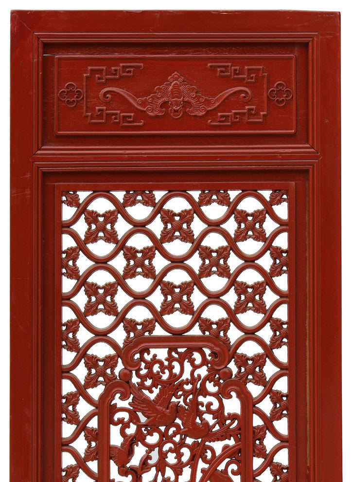 Chinese Red Geometric Flower Bird Accent Narrow Floor Panel Headboard