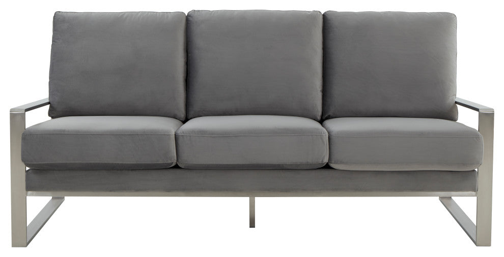 LeisureMod Jefferson Modern Design Velvet Sofa With Silver Frame, Light Gray