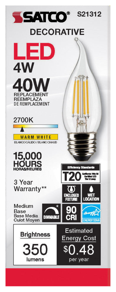 4W CA10 LED, Clear, Medium Base, 90 CRI, 2700K, 120V