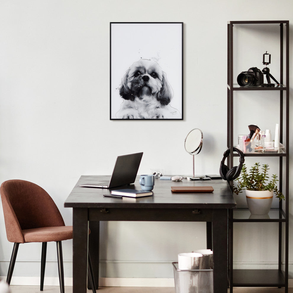 "Shih-Tzu" Black and White Pet Paintings on Printed Glass With Anodized Frame