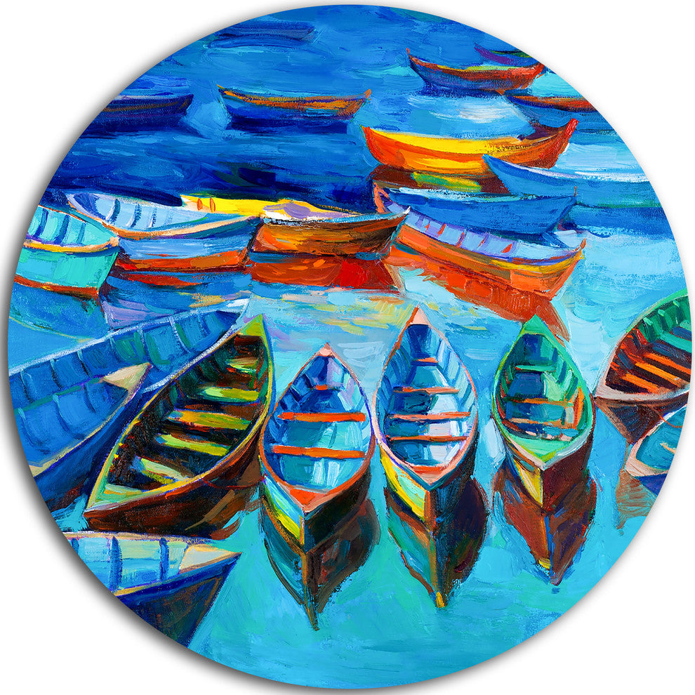 Boats In Blue Sea, Seascape Painting Round Metal Wall Art, 23"