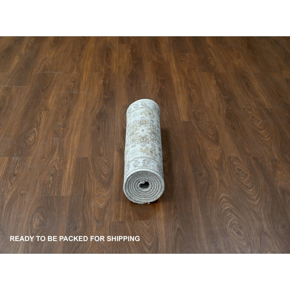 Acoustic White Hand Knotted Karjihooz Soft Wool Runner Rug, 2'7"x7'9"