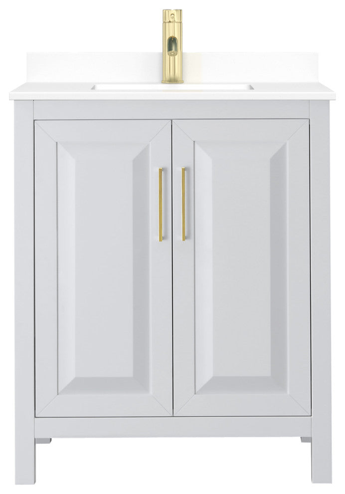 30" Single Bath Vanity, White, White Cult. Marble Countertop, Sink, Gold Trim