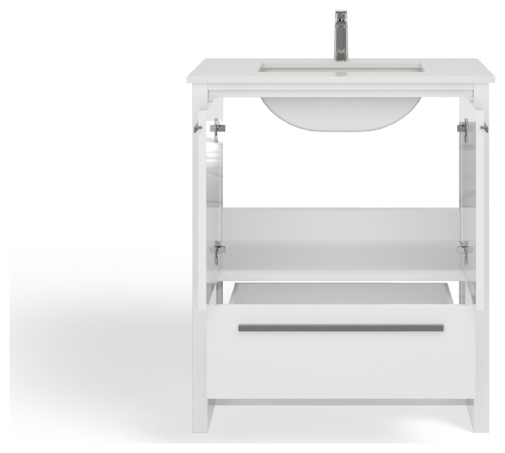 Esconde Bath Vanity, High Gloss White, 30", Single Sink, Freestanding