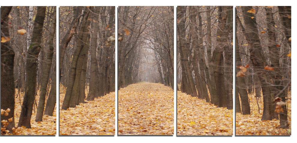 Yellow Road through Fall Forest, Modern Forest Canvas Art, 60"x28", 5 Panels