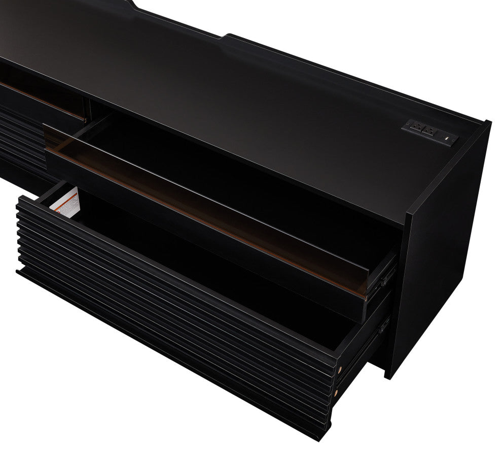 GDF Studio 4-Drawer Storage TV Stand, LED Lighting & Charging Ports, Black
