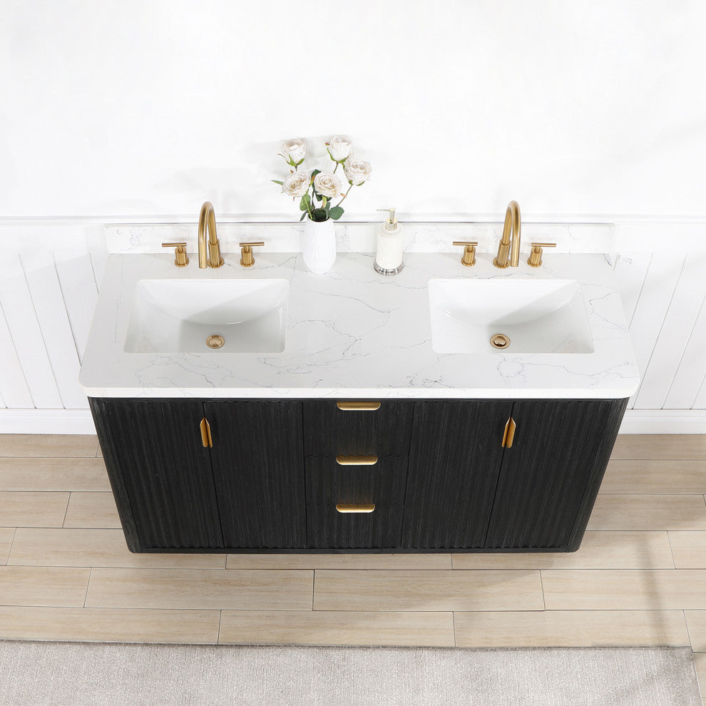 Vinnova Cadiz Bath Vanity, Composite Stone Top, Black, 60", No Mirror