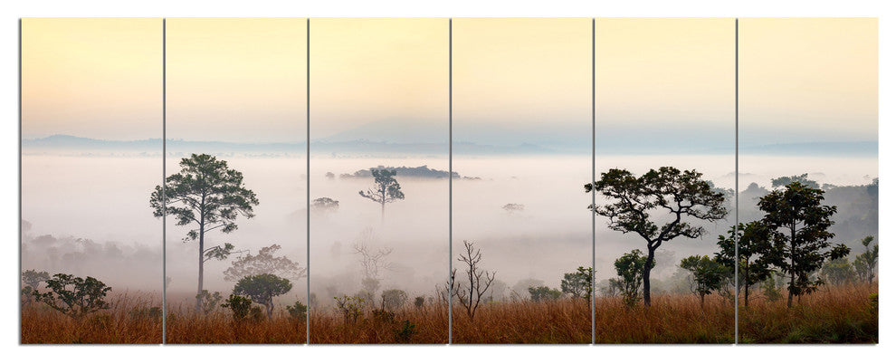 Misty Morning Panorama, Landscape Canvas Art Print, 70"x28", 6 Panels
