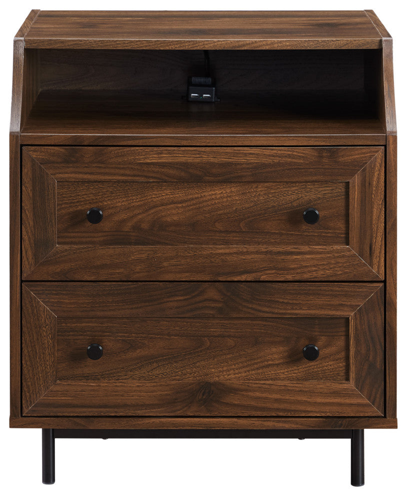 22" Curved Open Top 2 Drawer End Table With USB, Dark Walnut