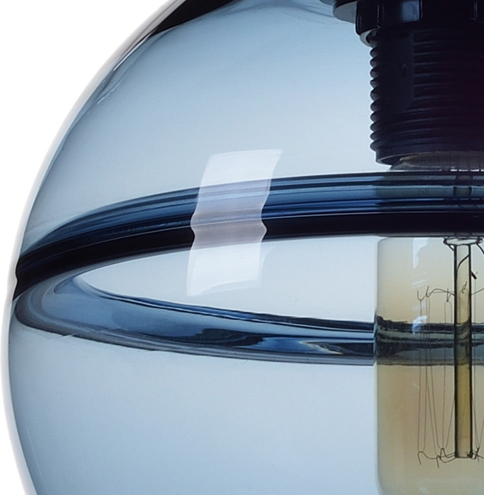 Unique Optic Hand Blown Glass Pendant Lights, Brushed Nickel, Set of 3, Blue