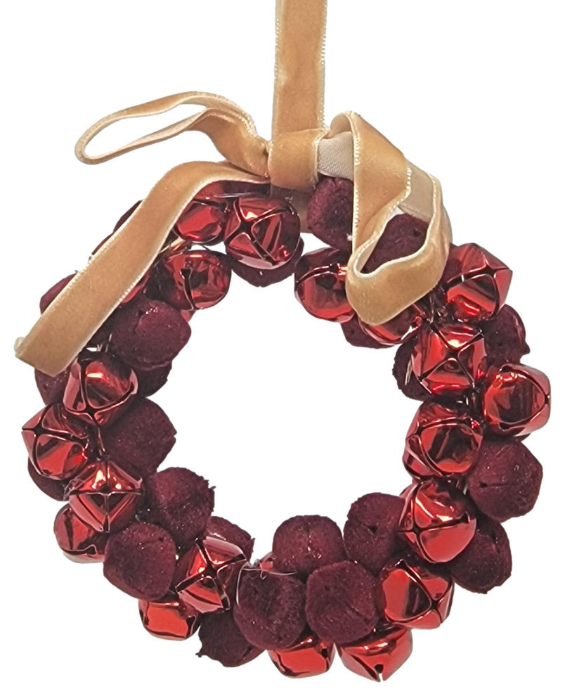 Red Jingle Bell Wreath Ornament Large 4 in Metal Velvet Vintage Antique Style