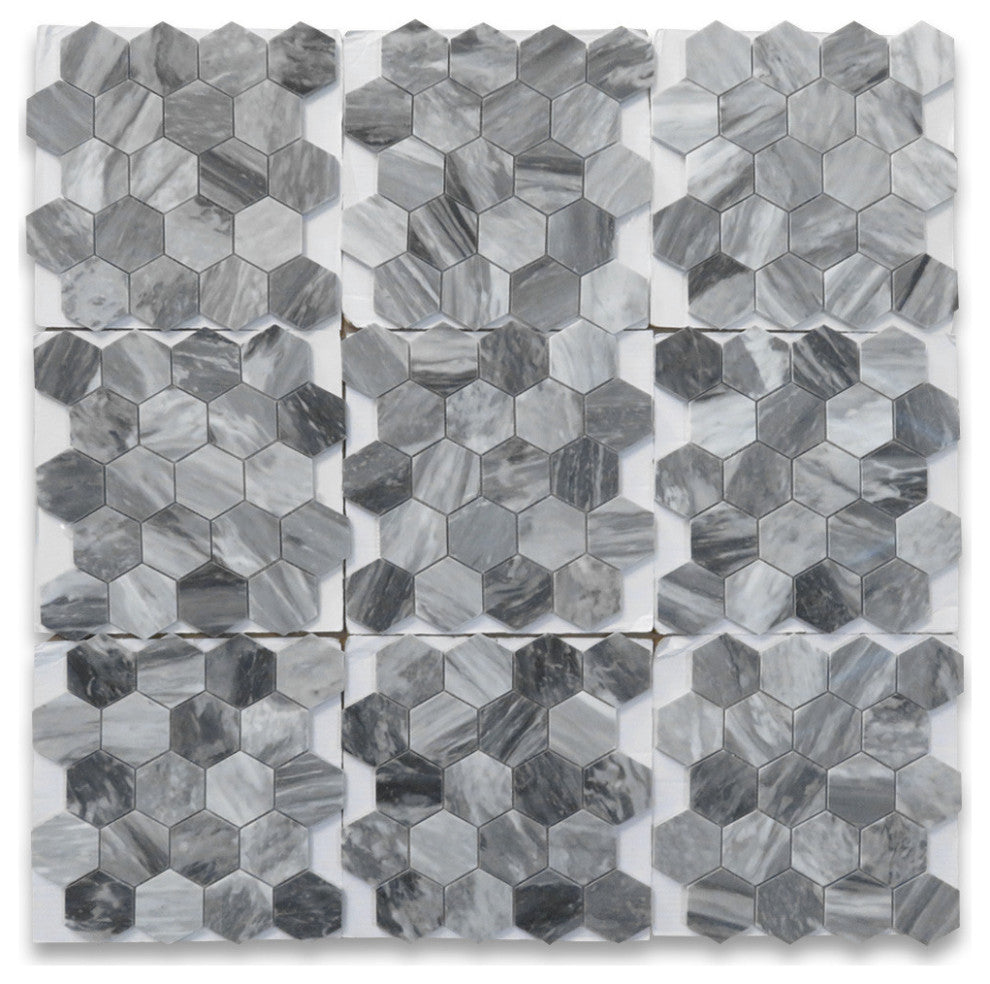 Bardiglio Gray Dark Grey Marble 3 inch Hexagon Mosaic Tile Polished, 1 sheet