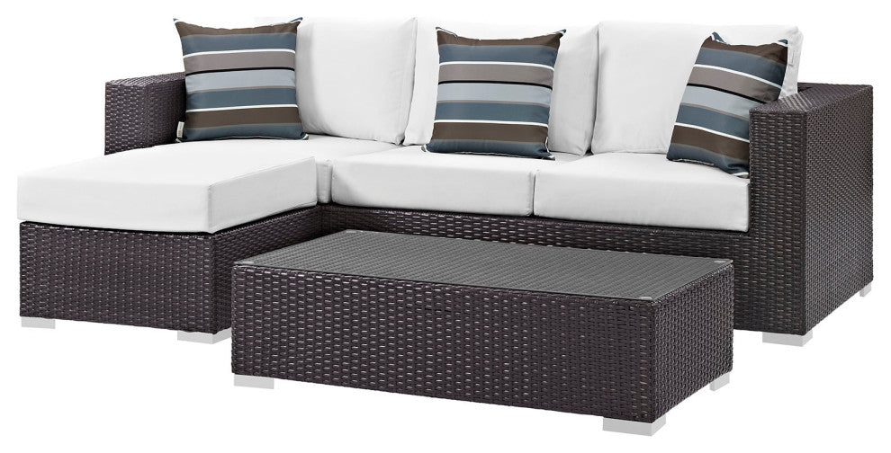 Lounge Sectional Sofa and Table Set, Rattan, Wicker, Dark Brown White, Outdoor