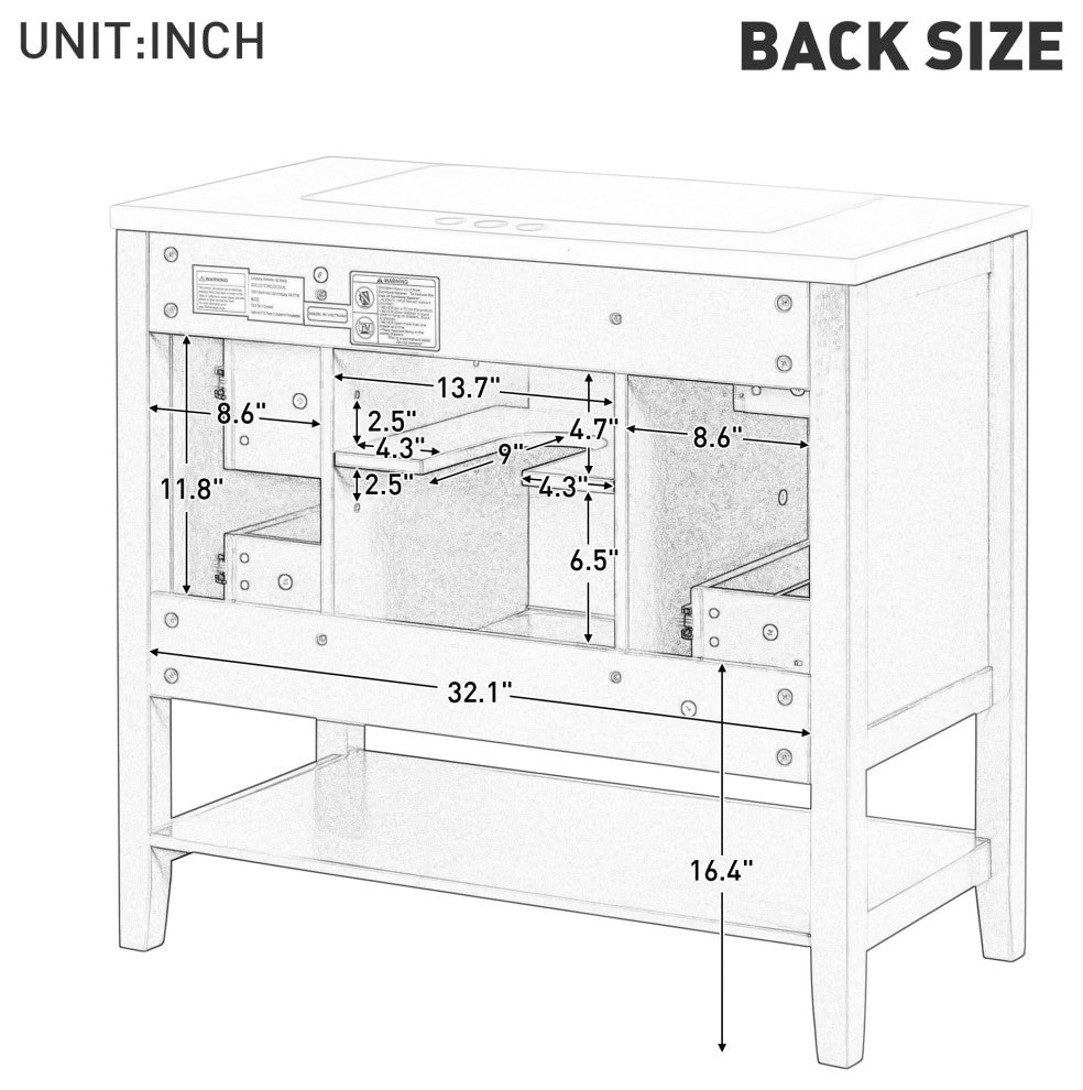 36 Inch Freestanding Bathroom Vanity Set in Blue with Drawers and Ceramic Sink, Grey